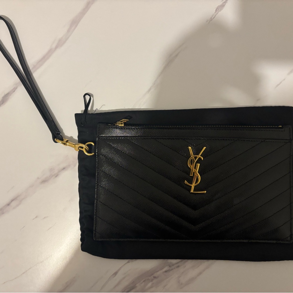 Saint Laurent Black Quilted Leather Wrist Pouch with Gold YSL Logo - Picture 4 of 7